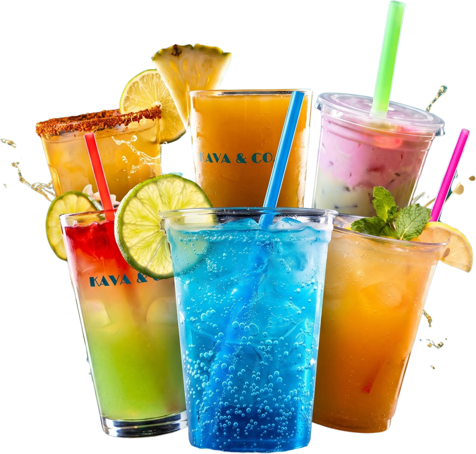 Five Kava & Co. drinks fanned out: chili-rimmed red ombre, layered green citrus, blue soda, orange iced tea and a pink shake