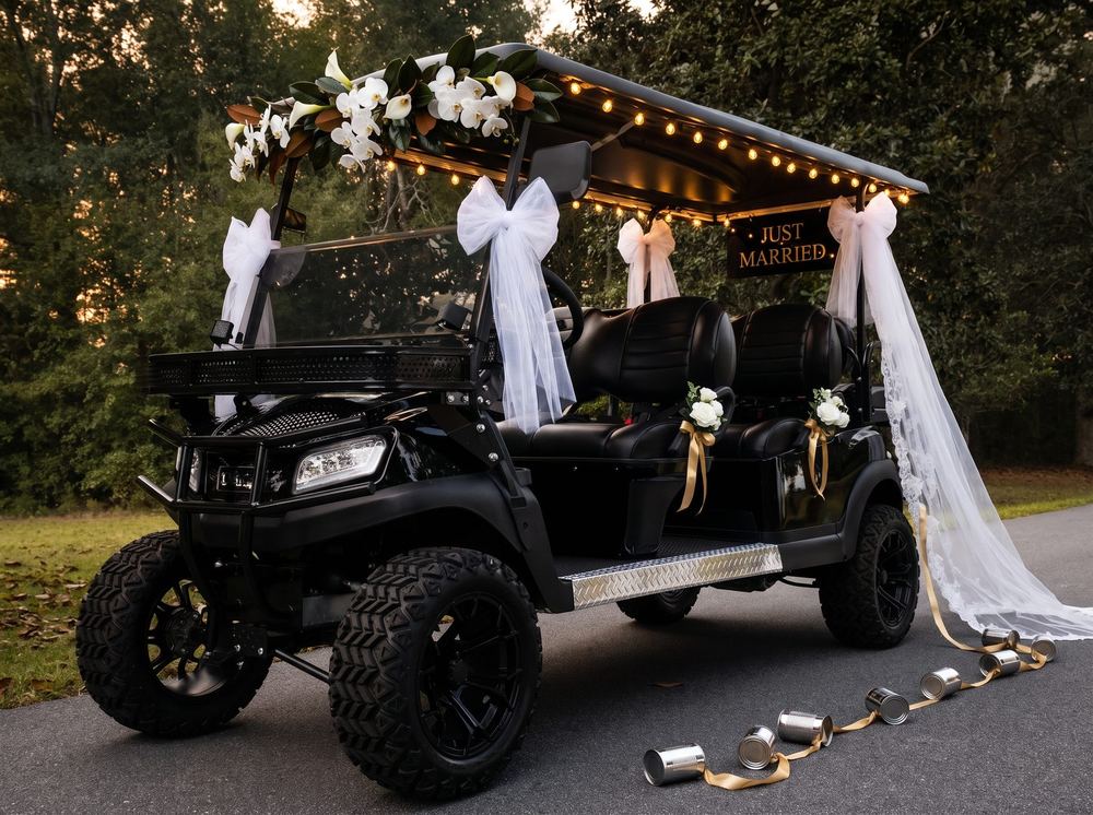 A black six-seater golf cart decorated for a wedding with white orchids, string lights, tulle bows and a Just Married sign